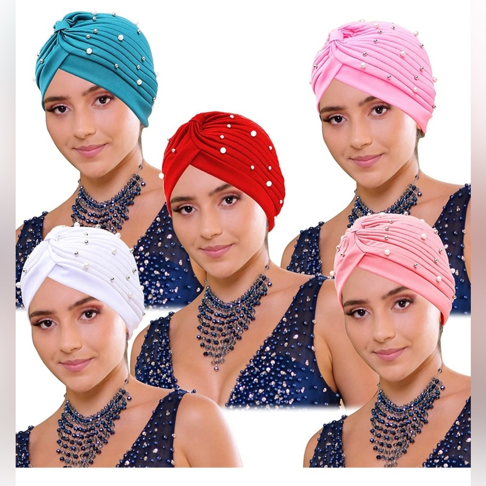 5 PCs African Turbans Pre Tied Knot Headwrap Faux Pearl Bead Headscarf Women​